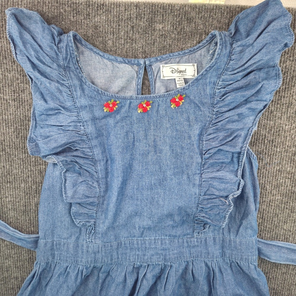 D-Signed Disney Girls Blue Chambray Denim Ruffle Floral Dress Size M 10/12
